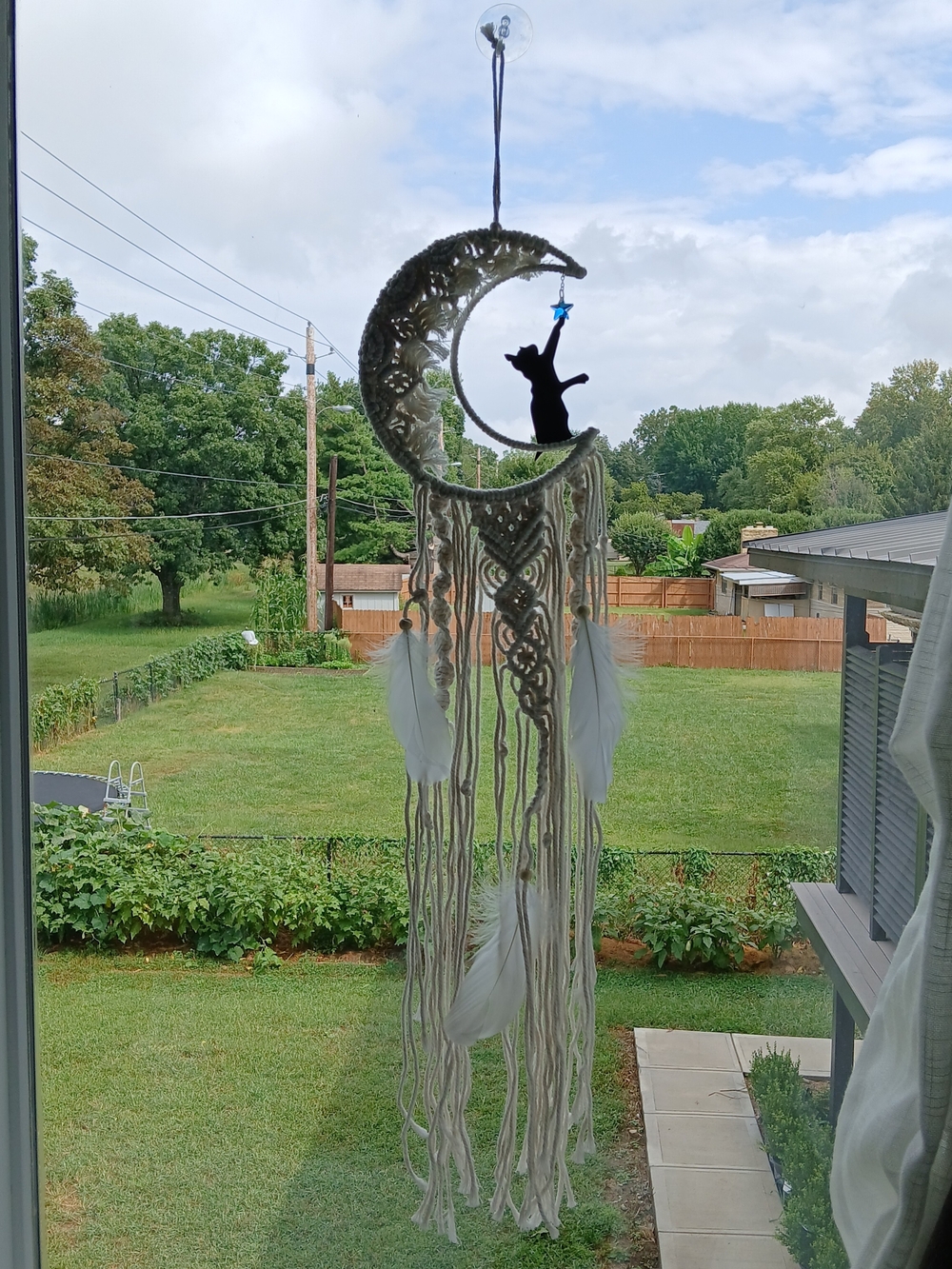 Boho Moon & Cat Macramé Feather Cream Wall Hanging [35" Long] + Crystal - NEW